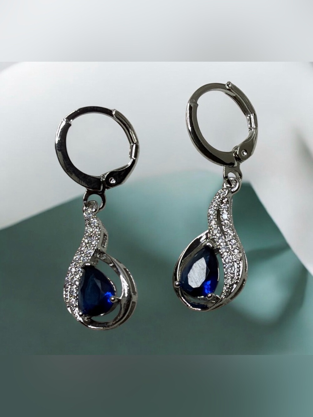 Silver Drop Earrings with Blue Teardrop Stones